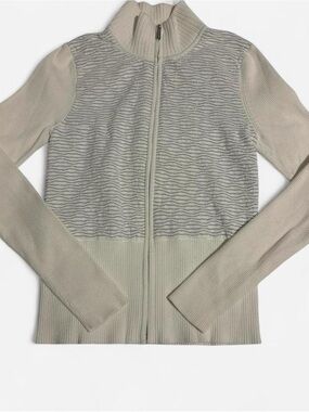 White House Black Market Neutral Beige Zip-Front Ribbed Turtleneck Sweater